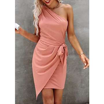 PRETTYGARDEN Women's Fashion One Shoulder Ruched Bodycon Fitted Cocktail Party Mini Dress (Pink,Smal...