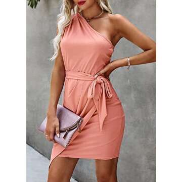 PRETTYGARDEN Women's Fashion One Shoulder Ruched Bodycon Fitted Cocktail Party Mini Dress (Pink,Small)