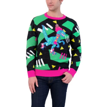 Holiday Hype Men's Festive Ugly Christmas Holiday Party Pull Over Sweater, 80s Roller Skate Raptor, ...