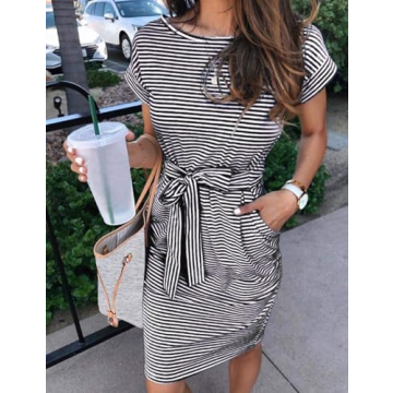 Stylish MEROKEETY Women’s Striped Midi Dress