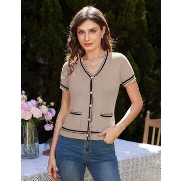 GRACE KARIN Women's Knit Cardigan Sweaters Casual Short Sleeve Open Front Button Down Texture Cardigans Khaki S
