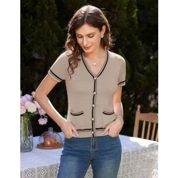 GRACE KARIN Women's Knit Cardigan Sweaters Casual Short Sleeve Open Front Button Down Texture Cardigans Khaki S