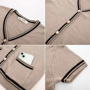 GRACE KARIN Women's Knit Cardigan Sweaters Casual Short Sleeve Open Front Button Down Texture Cardigans Khaki S