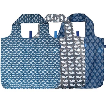 rockflowerpaper Blue Navy White Printed Pack of 3 Reusable Grocery Shopping Bag, Eco-friendly Conven...
