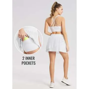 BALEAF Womens Pleated Tennis Skirt with Shorts Double Layered Flowy Golf Skorts for Woman High Waist Tummy Control Pockets Athletic Running White M