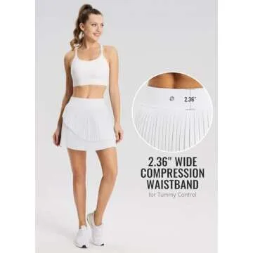 BALEAF Womens Pleated Tennis Skirt with Shorts Double Layered Flowy Golf Skorts for Woman High Waist Tummy Control Pockets Athletic Running White M