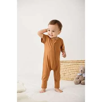 Feidoog Toddler 2 Pack Baby Zipper Rompers Cotton Short Sleeve 2 Way Zipper One Piece Jumpsuit Outfits,Brown,3-6M
