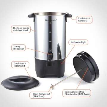 Elite Gourmet CCM040 Stainless Steel 40 Cup Coffee Urn Removable Filter For Easy Cleanup, Two Way Dispenser with Cool-Touch Handles Electric Coffee Maker Urn, Stainless Steel