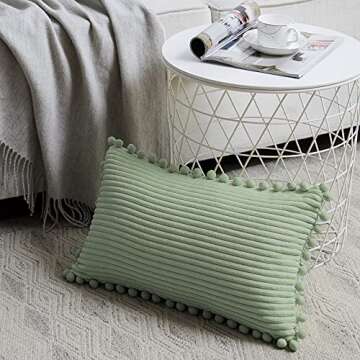 Fancy Homi Pack of 2 Sage Green Lumbar Decorative Throw Pillow Covers with Pom-poms, Soft Corduroy S...