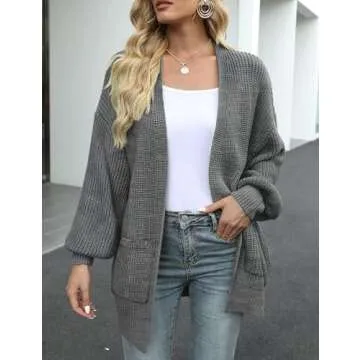 MEROKEETY Women's Fall Open Front Long Lantern Sleeve Cardigan Oversized Chunky Outwear with Pocket Dark Grey