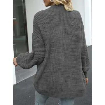 MEROKEETY Women's Fall Open Front Long Lantern Sleeve Cardigan Oversized Chunky Outwear with Pocket Dark Grey
