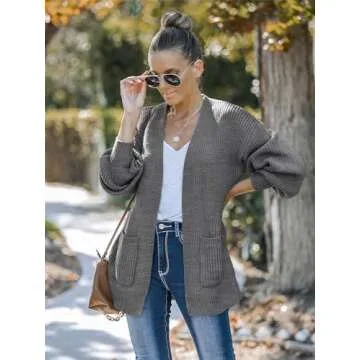 MEROKEETY Women's Fall Open Front Long Lantern Sleeve Cardigan Oversized Chunky Outwear with Pocket Dark Grey
