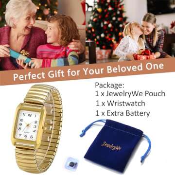 JewelryWe Women's Ultra Thin Easy Reader Watch with Elastic Strap, Golden/Silver Square Watch