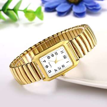 JewelryWe Women's Ultra Thin Easy Reader Watch with Elastic Strap, Golden/Silver Square Watch