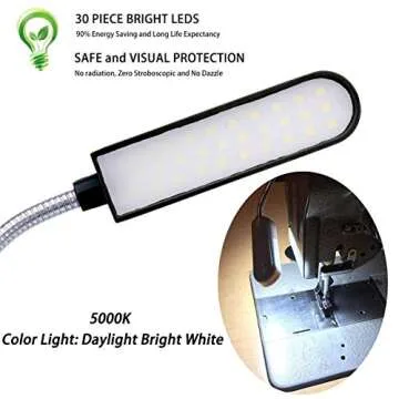 EVISWIY Sewing Machine Light LED Lighting (30LEDs) 6 Watt for Workbench Lathe Drill Press Daylight White Flexible Gooseneck Arm Work Lamp with Magnetic Mounting Base Black