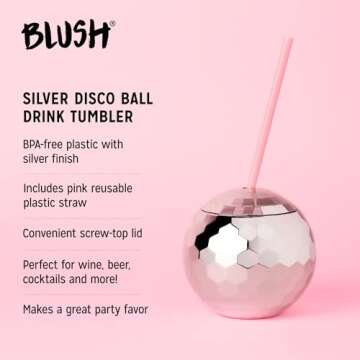 Blush Silver Disco Ball Cup with Straws for Parties - 16 Ounce Cute Sparkly Glitter Cocktail Disco B...