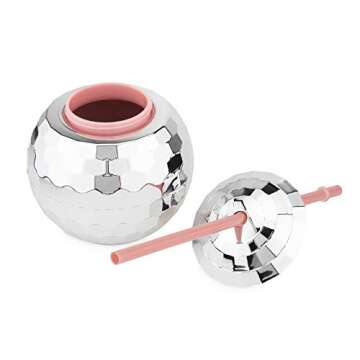 Blush Silver Disco Ball Cup with Straws for Parties - 16 Ounce Cute Sparkly Glitter Cocktail Disco Ball Drink Tumbler, Party Supplies