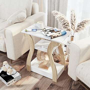 FROMJBEST End Table with Charging Station, Side Table with USB Ports and Outlets, Nightstand, 3 Tier End Table with Storage Shelf for Living Room, Bedroom (White)