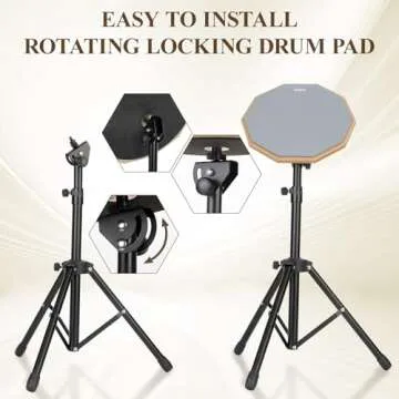 Drum Practice Pad Snare Drum Stand Set 12 In With Double Sided Silent Drum Pad, Drum sticks,Carrying Bag Adjustable Stand (Grey)
