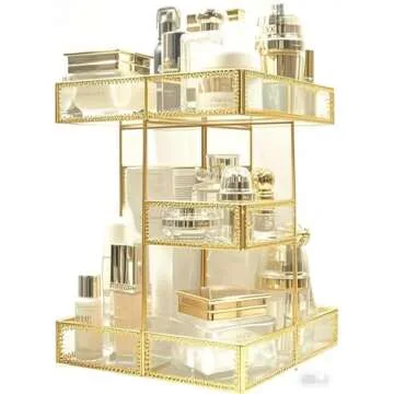 360 Degree Rotation Makeup Organizer Antique Countertop Cosmetic Storage Box Mirror Glass Beauty Dis...