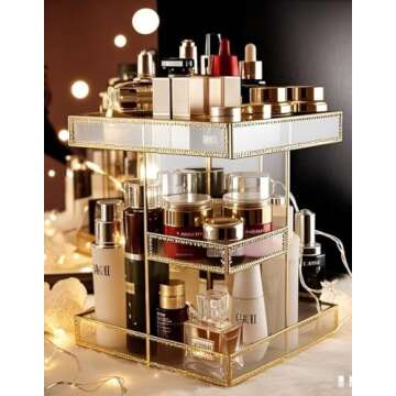 360 Degree Rotation Makeup Organizer Antique Countertop Cosmetic Storage Box Mirror Glass Beauty Display, Gold Spin Large Capacity Holder for Brushes Lipsticks Skincare Toner