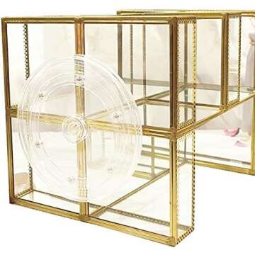 360 Degree Rotation Makeup Organizer Antique Countertop Cosmetic Storage Box Mirror Glass Beauty Display, Gold Spin Large Capacity Holder for Brushes Lipsticks Skincare Toner