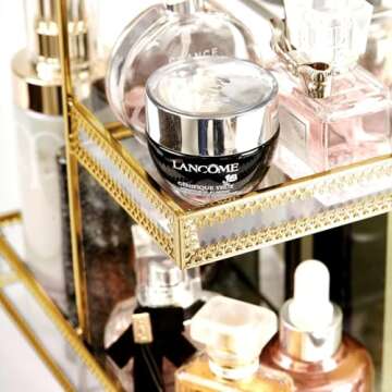 360 Degree Rotation Makeup Organizer Antique Countertop Cosmetic Storage Box Mirror Glass Beauty Display, Gold Spin Large Capacity Holder for Brushes Lipsticks Skincare Toner