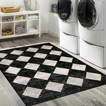 Lahome Moroccan Trellis Area Rug - 3x5 Washable Black Entry Rug Non Slip Living Room Mat, Distressed Lattice Soft Stain Resistance Indoor Throw Carpet for Front Door Foyer Bedroom Bathroom