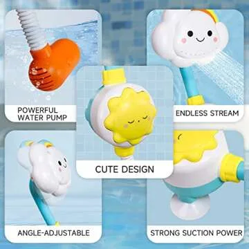 Baby Bath Toy Shower Head - OWNONE 1 Bathtub Shower Sprayer, Bath Toy for Toddlers Ages 1-3, 2-4 Years Old, Infant Baby Bath Toy 6-12, 12-18 Months - Includes 1 Cloud Shower Head & 3 Suction Spinners