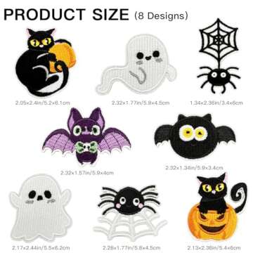 8 Pcs Halloween Embroidery Iron on Patches Cute Ghost Bat Spider Web Cat Pumpkin Sew on Emblem Appli...