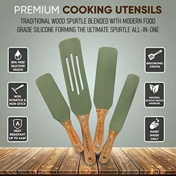 Silicone Spatula and Wooden Spurtle Set, 4pce Silicone Spurtle Set with Acacia Wood Handles, Non-Scr...