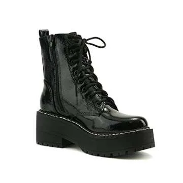 Soda FLING Women Chunky Lug Sole Lace up Fashion Combat Ankle Boot w/Side Zipper (BLACK PATENT, us_footwear_size_system, adult, women, numeric, wide, numeric_7_point_5)