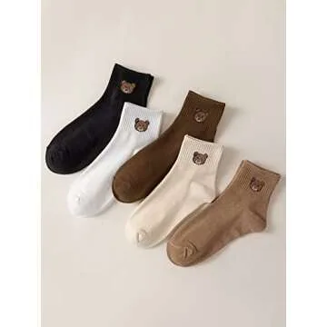 WDIRARA Women's 5 Pairs Cartoon Bear Embroidery Socks Casual Comfy Crew Socks Multicolor one-size