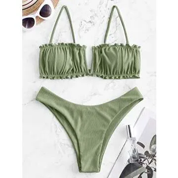 ZAFUL Women's V-Notch Ribbed Bikini Ruched Bandeau Bikini Ruffle High Cut Swimsuit Two Piece Swimwear