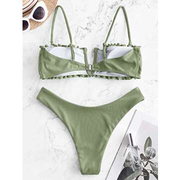ZAFUL Women's V-Notch Ribbed Bikini Ruched Bandeau Bikini Ruffle High Cut Swimsuit Two Piece Swimwear