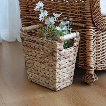 Woven Water Hyacinth Storage Basket with Wooden Handles