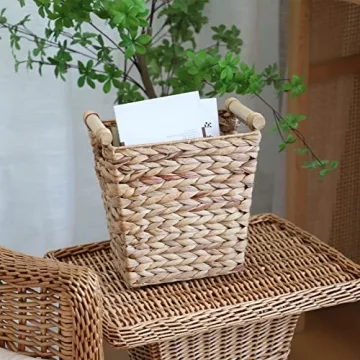 Woven Water Hyacinth Storage Basket with Wooden Handles