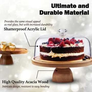 AZ-Homey Cake Stand with Acrylic Dome Lid 2-in-1 Multifunctional Round Shatterproof Dessert Table Display Set with Acacia Wood Serving Platter, Veggie Tray, Fruit Bowl, Donut Stand, Nachos Plate