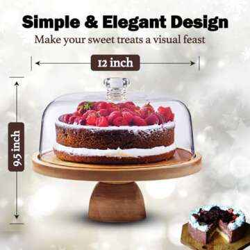 AZ-Homey Cake Stand with Acrylic Dome Lid 2-in-1 Multifunctional Round Shatterproof Dessert Table Display Set with Acacia Wood Serving Platter, Veggie Tray, Fruit Bowl, Donut Stand, Nachos Plate