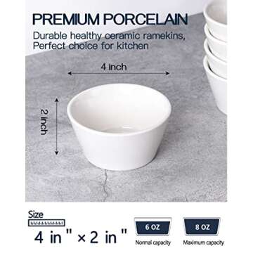Taeochiy Porcelain Small Bowls, 8 Ounce Dessert Bowls, Ramekins Oven Safe, Ice Cream Bowls, Bouillon Cups, Set of 6