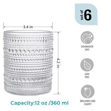 Bandesun Romantic Water Glasses, 12 oz Hobnail Drinking Glasses Set 6, Embossed Vintage Glassware Se...