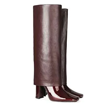 LEHOOR Women Fashion Fold Over Knee High Boots Burgundy Wide Calf Chunky Block High Heel Square Toe ...