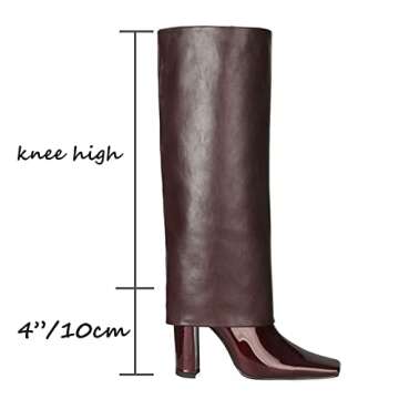 LEHOOR Women Fashion Fold Over Knee High Boots Burgundy Wide Calf Chunky Block High Heel Square Toe Dress Boots Vintage Pull On Trouser Leg Covered Boots Tall Fall Winter Boot Chic Retro Matte Red 6