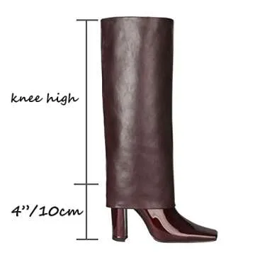 LEHOOR Women Fashion Fold Over Knee High Boots Burgundy Wide Calf Chunky Block High Heel Square Toe Dress Boots Vintage Pull On Trouser Leg Covered Boots Tall Fall Winter Boot Chic Retro Matte Red 6
