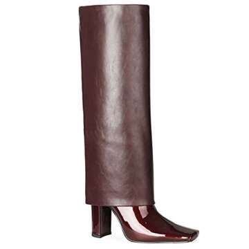 LEHOOR Women Fashion Fold Over Knee High Boots Burgundy Wide Calf Chunky Block High Heel Square Toe Dress Boots Vintage Pull On Trouser Leg Covered Boots Tall Fall Winter Boot Chic Retro Matte Red 6