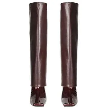 LEHOOR Women Fashion Fold Over Knee High Boots Burgundy Wide Calf Chunky Block High Heel Square Toe Dress Boots Vintage Pull On Trouser Leg Covered Boots Tall Fall Winter Boot Chic Retro Matte Red 6