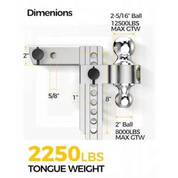 KYX Adjustable Trailer Hitch, Ball Mount Trailer Hitch Fits 2" Receiver, 8 Inch Drop/Rise 12500 LBS GTW, Heavy Duty Dual Ball (2'' X 2-5/16'') Tow Hitch with Anti-Theft Pins Locks for Trucks