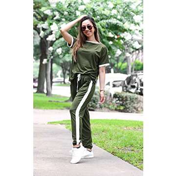 PRETTYGARDEN Women's 2 Piece Outfits Side Stripe Pullover Shirts and Long Pants Jogger Lounge Sweatsuit Sets Army Green