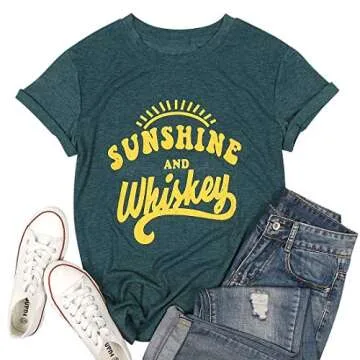 MNLYBABY Sunshine and Whiskey Short Sleeve T-Shirt Women Beach Funny Letters Print Summer Tops Tees