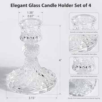 4" Tall Glass Candle Holder Set of 4 Glass Taper Candle Holders for Candlesticks Clear Crystal Glass Candlestick Holders Candle Sticks Holder Decor for Wedding, Birthday, Thanksgiving,Housewarming